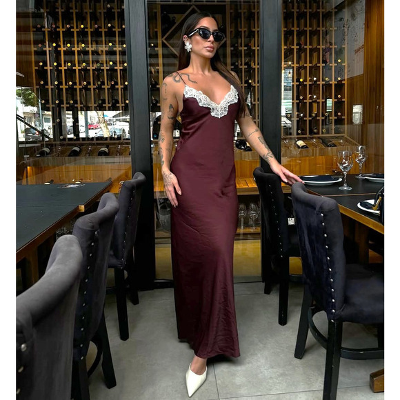 ZARA Blogger Favorite Satin-Effect Lace Maxi Dress NWT – Burgundy, Size M & L - Picture 14 of 16